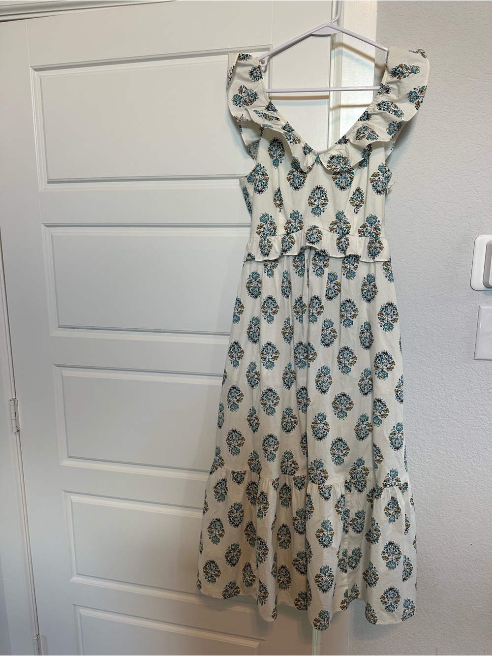 F J.Crew Floral Ruffle Strap Midi Dress Size 8 | Cottagecore Boho Sundress Teal